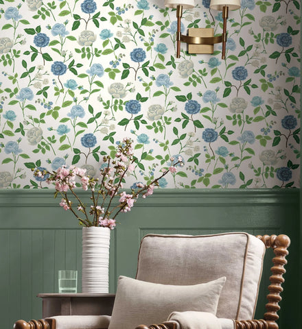 Roses Wallpaper - White & Blue