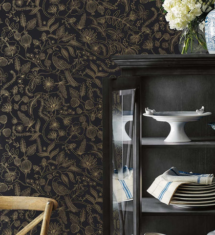 Aviary Peel & Stick Wallpaper - Metallic Gold & Black