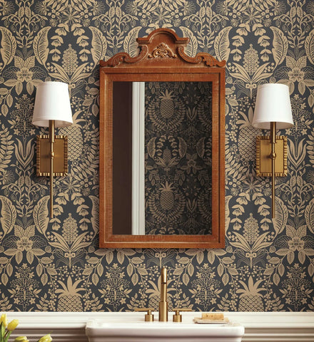 Pineapple Damask Wallpaper - Black & Gold