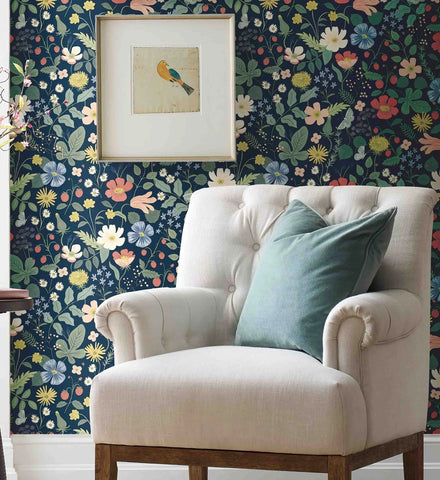 Strawberry Fields Wallpaper - Navy