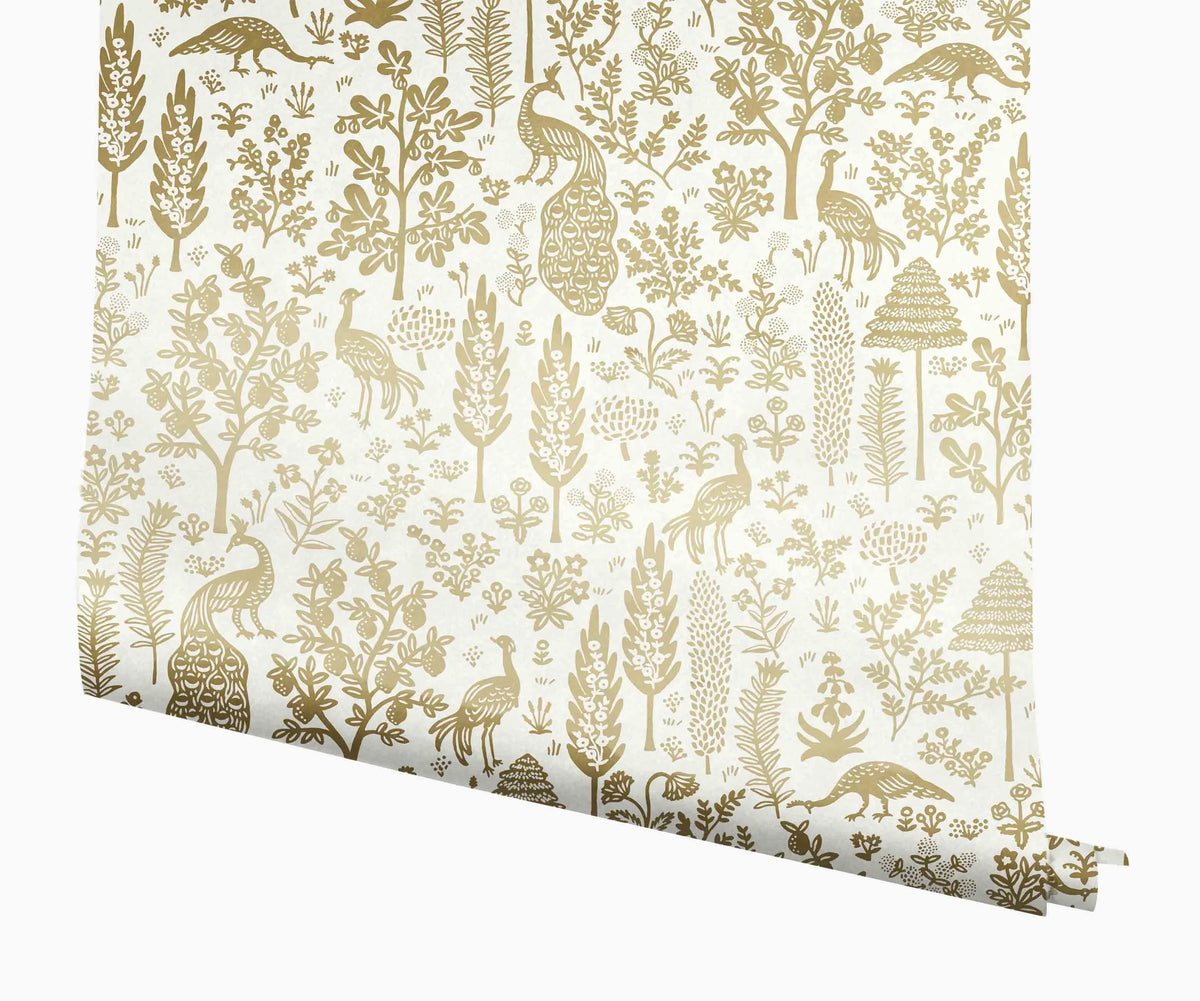 Menagerie Toile Wallpaper - White & Metallic Gold