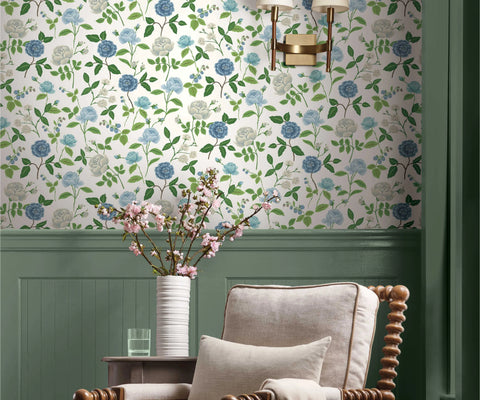 Roses Wallpaper Sample - White & Blue