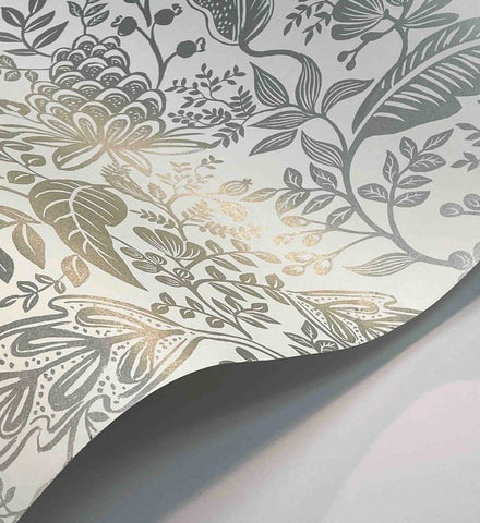 Pomegranate Wallpaper - White & Metallic Silver