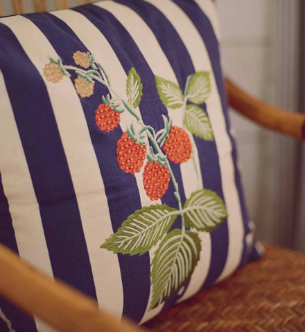 Raspberries Embroidered Pillow - Navy