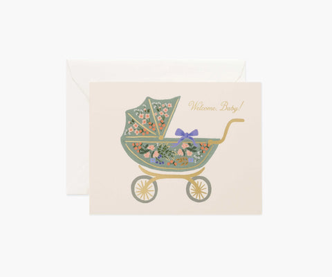 Floral Pram Baby Card - Single Card