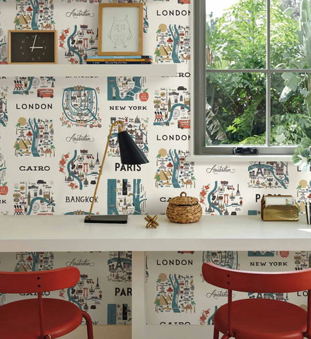 City Maps Wallpaper - Blue & Red
