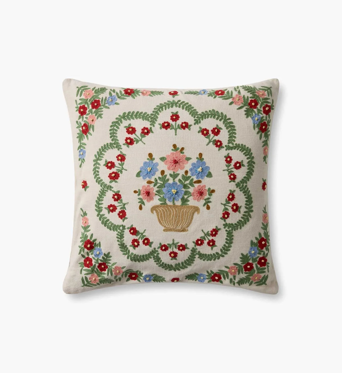 Rosette Vase Embroidered Pillow - Ivory