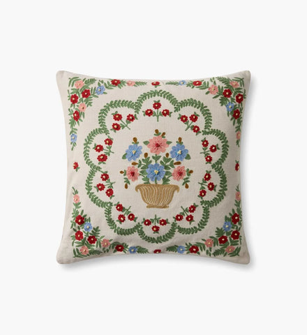 Rosette Vase Embroidered Pillow - Ivory