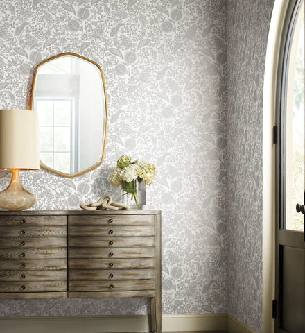 Pomegranate Wallpaper - White & Metallic Silver