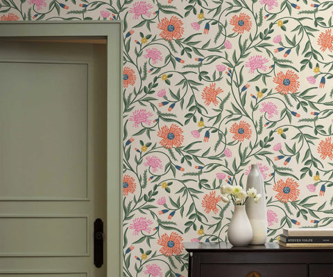 Aster Wallpaper Sample - Linen & Coral
