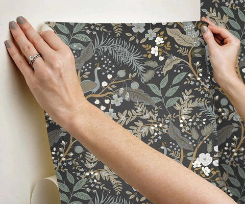 Peacock Garden Peel & Stick Wallpaper - Black