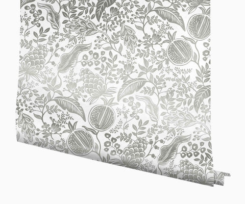 Pomegranate Wallpaper - White & Metallic Silver