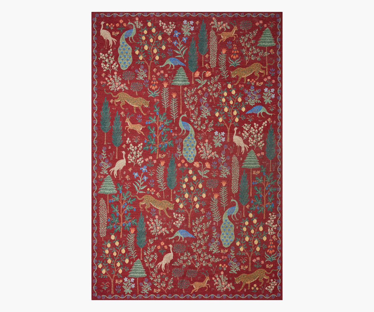 Menagerie Forest Printed Rug - Crimson