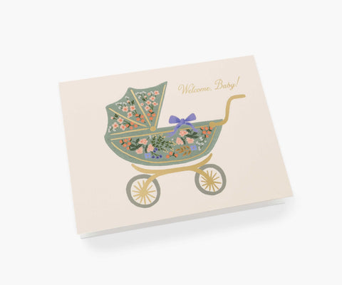 Floral Pram Baby Card - Single Card